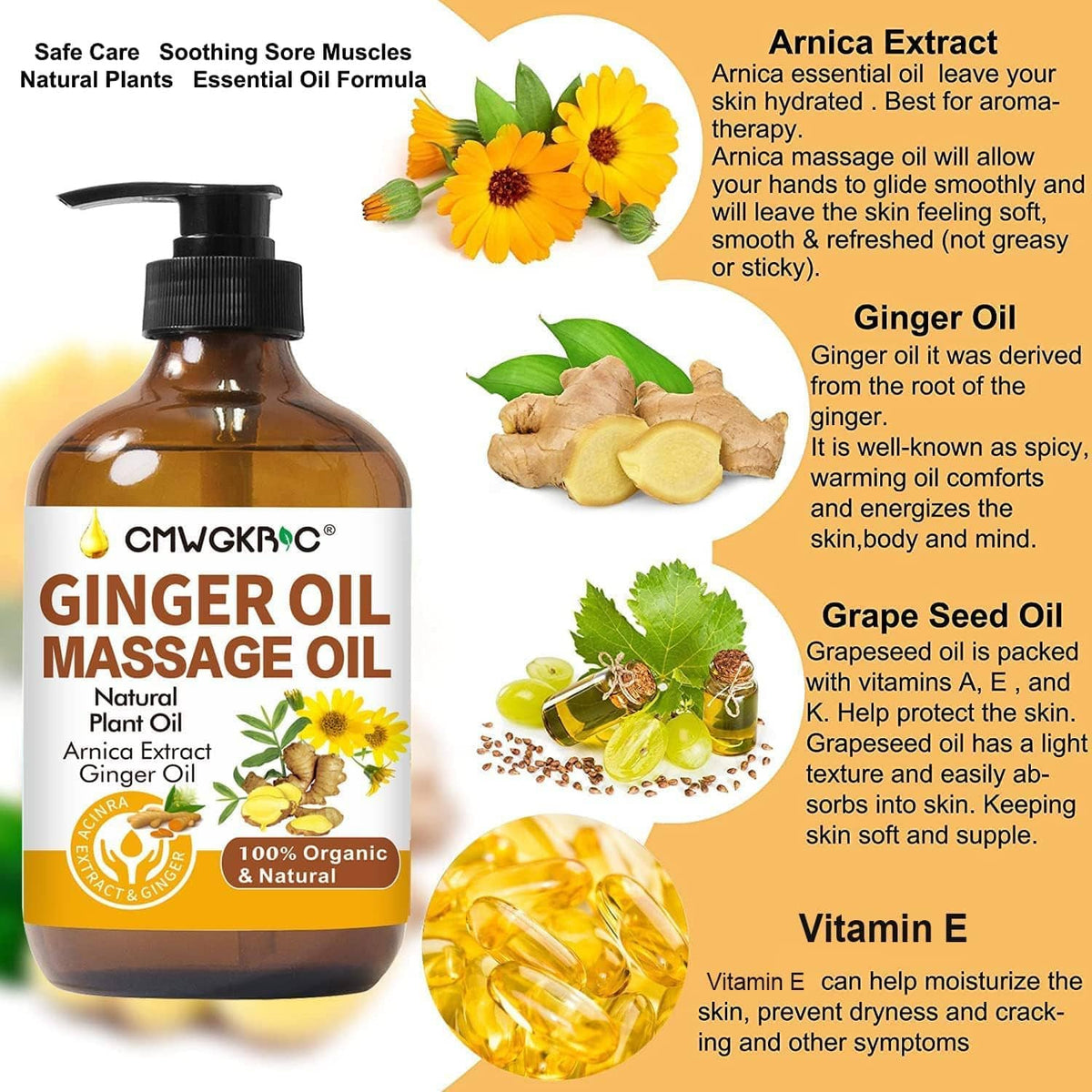 Amber ginger oil massage oil bottle with black pump with arnica and grape seed oil visuals.