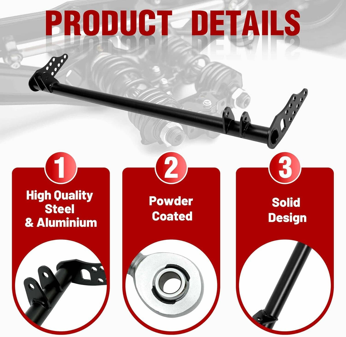 Black tie bar with perforated end brackets and mounting hardware components