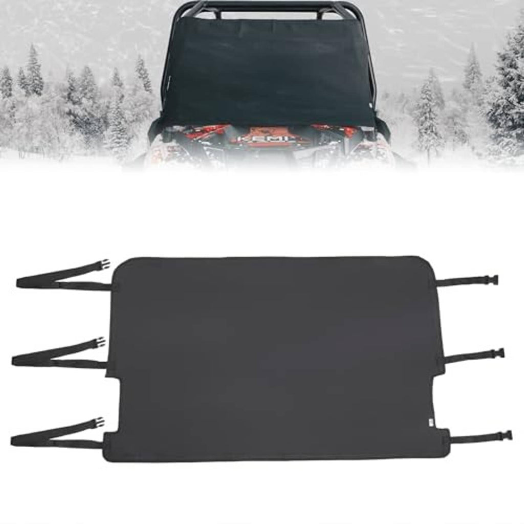 Black UTV windshield cover with multiple strap tabs, full front coverage