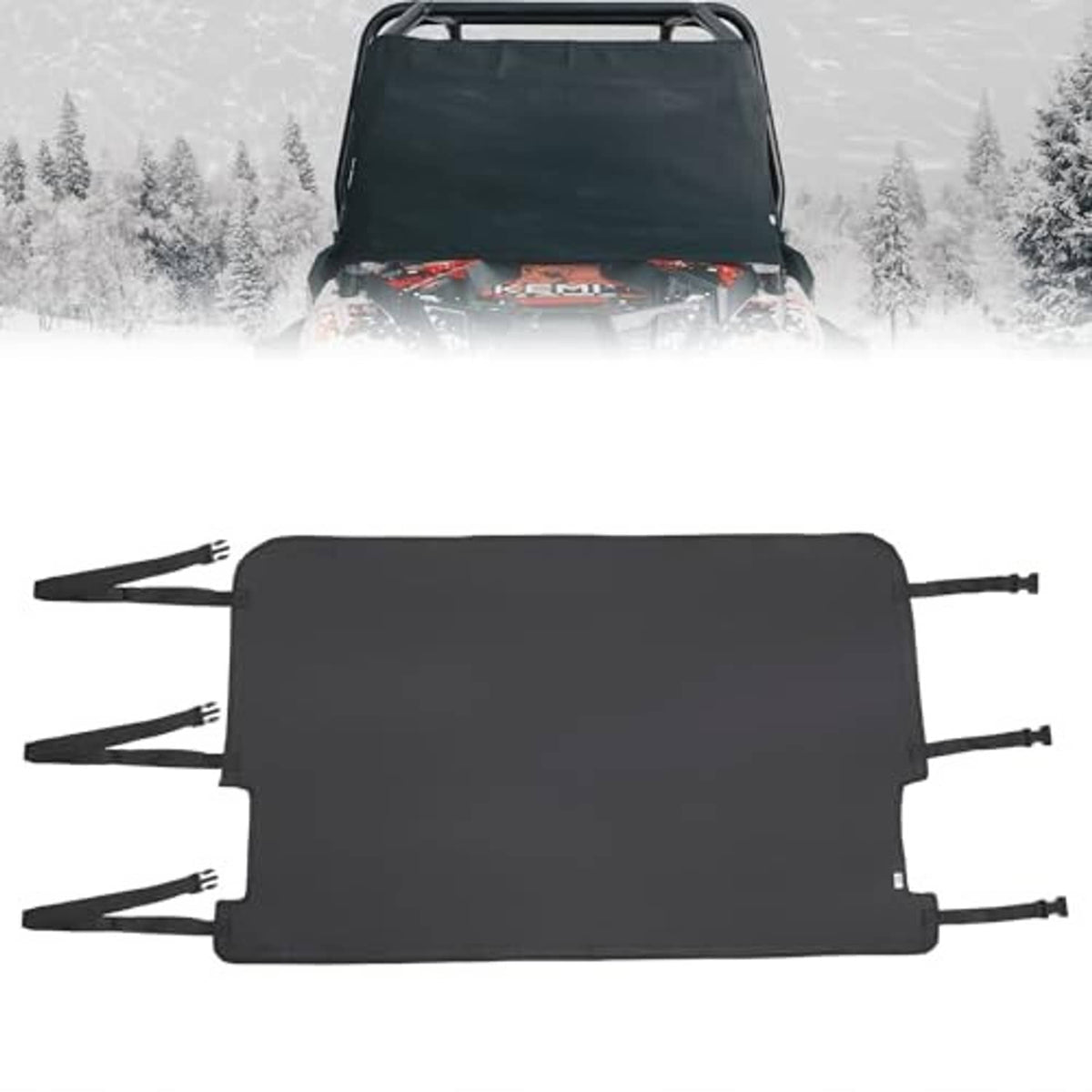 Black UTV windshield cover with multiple strap tabs, full front coverage