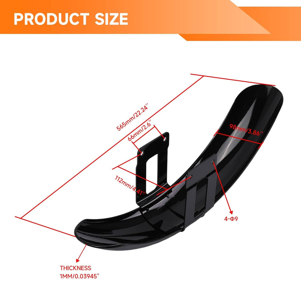 Black front fender mudguard cover with dimensions and mounting bracket layout shown.