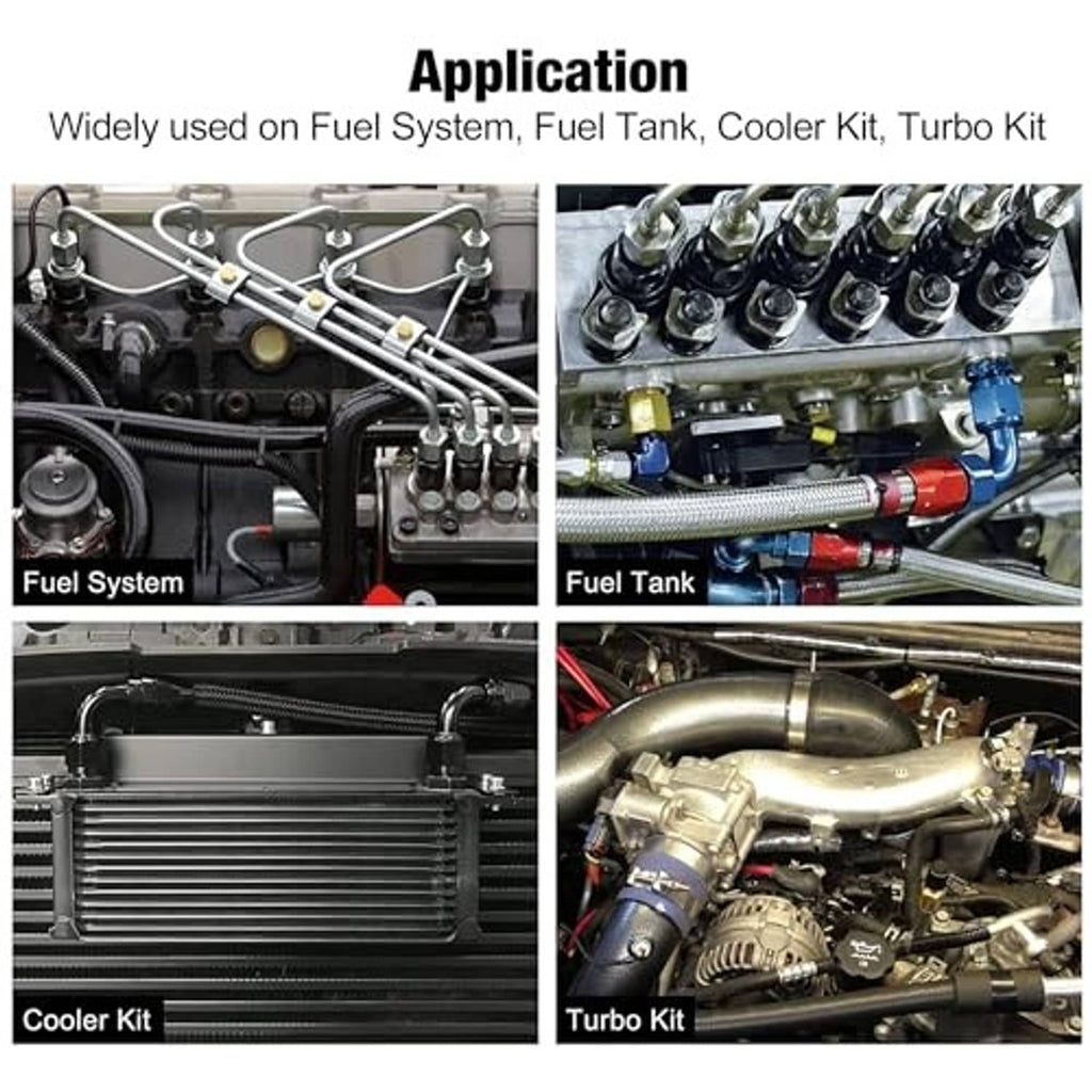 Swivel adapter fitting installed on automotive engine fuel system and turbo setup