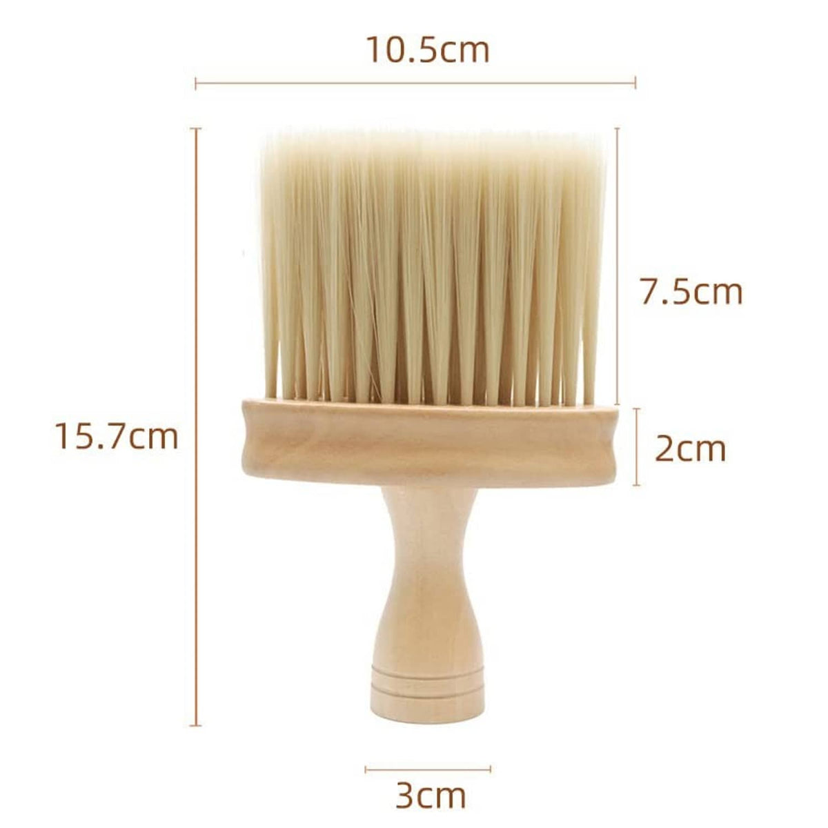 Wooden hair cutting brush with dimensions shown: 15.7cm tall, 10.5cm wide