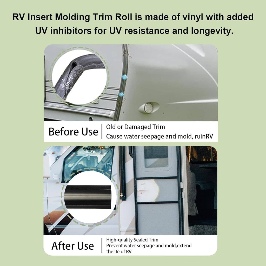 Black RV vinyl trim molding roll with close-up of flexible edge
