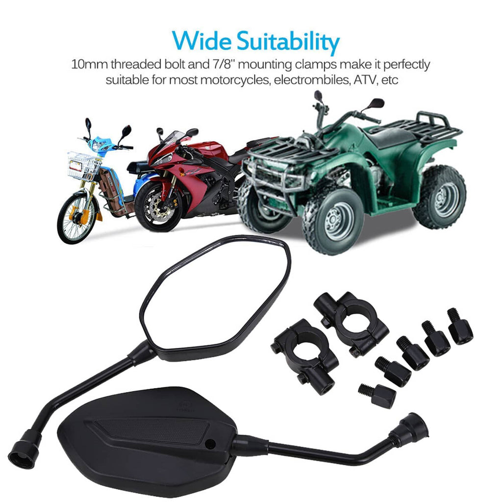 ATV rear side view mirrors with black clamps and handlebar mounting hardware