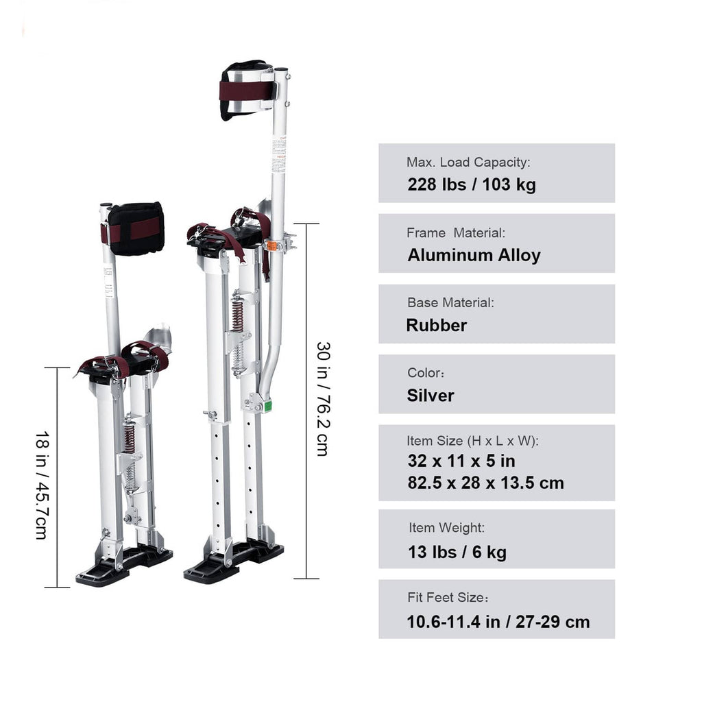 Adjustable drywall stilts shown with load rating label and silver frame, black base