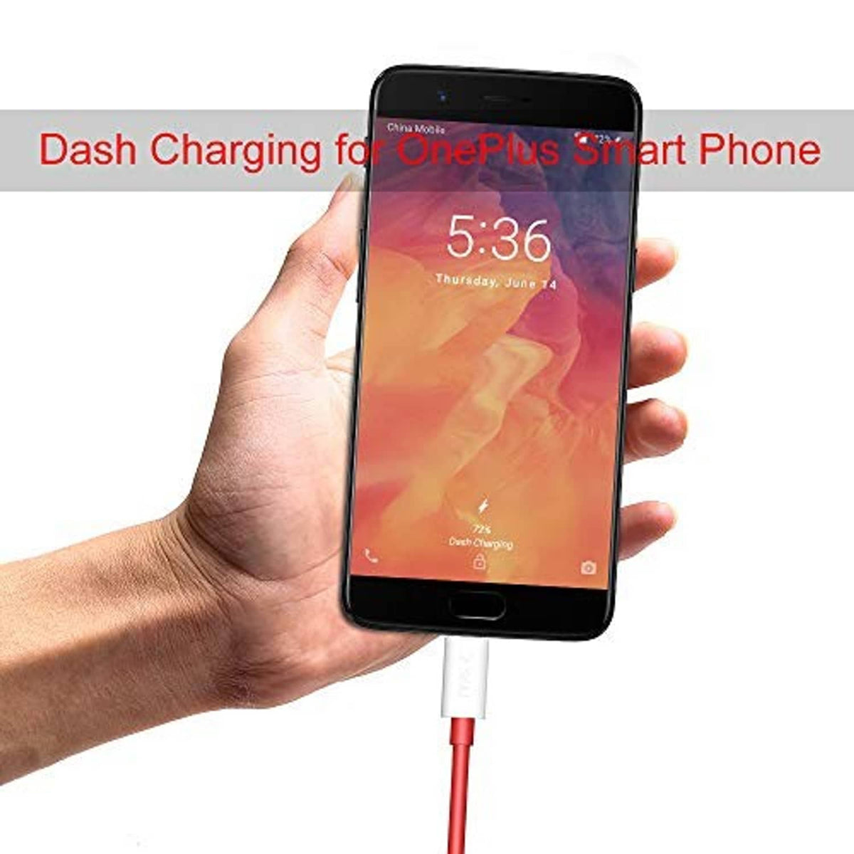 Red USB-A to Type-C charging cable connected to a phone in hand