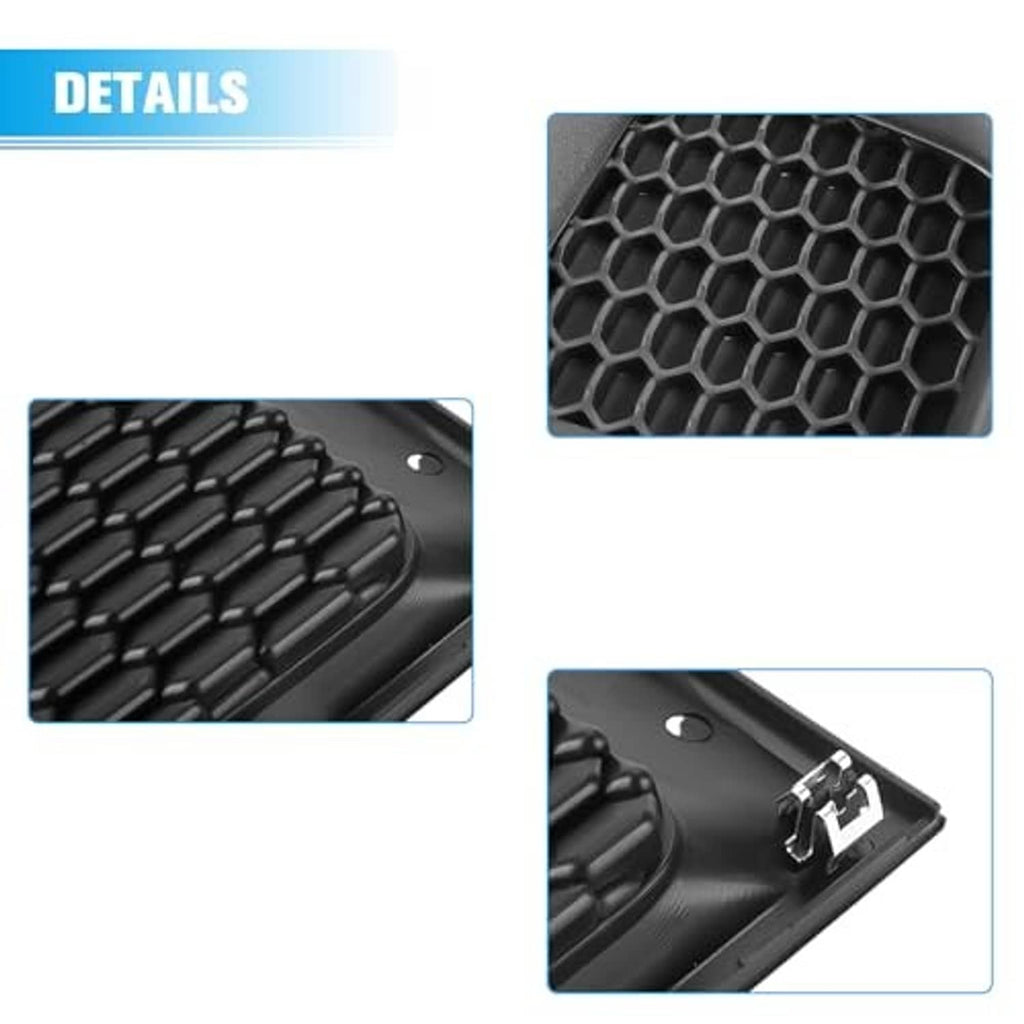 Black grille insert detailing with hex honeycomb mesh and textured surface edge
