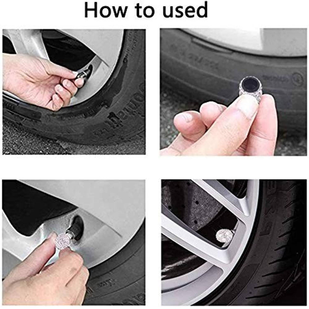 Hand installing crystal rhinestone valve stem cap into tire valve
