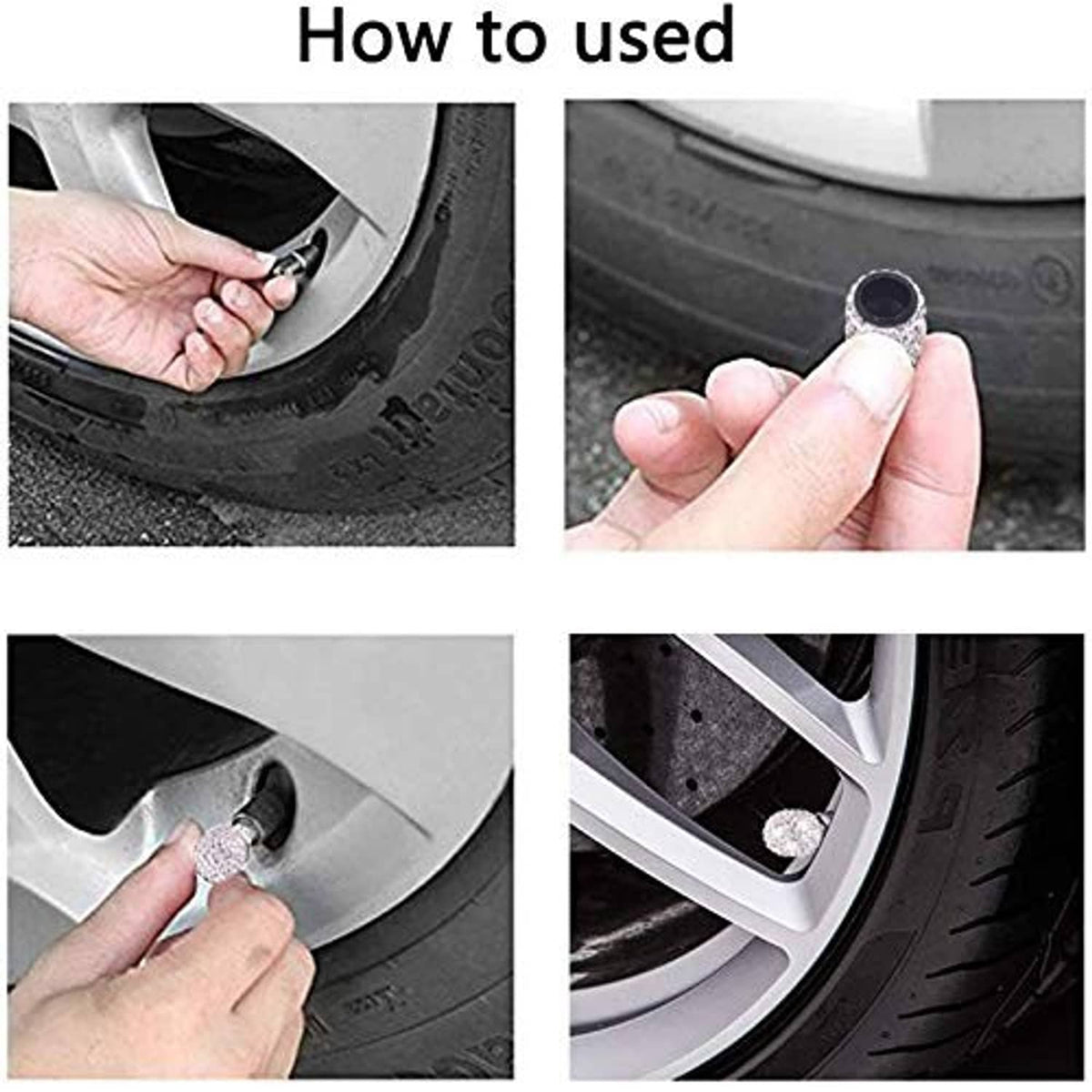 Hand installing crystal rhinestone valve stem cap into tire valve