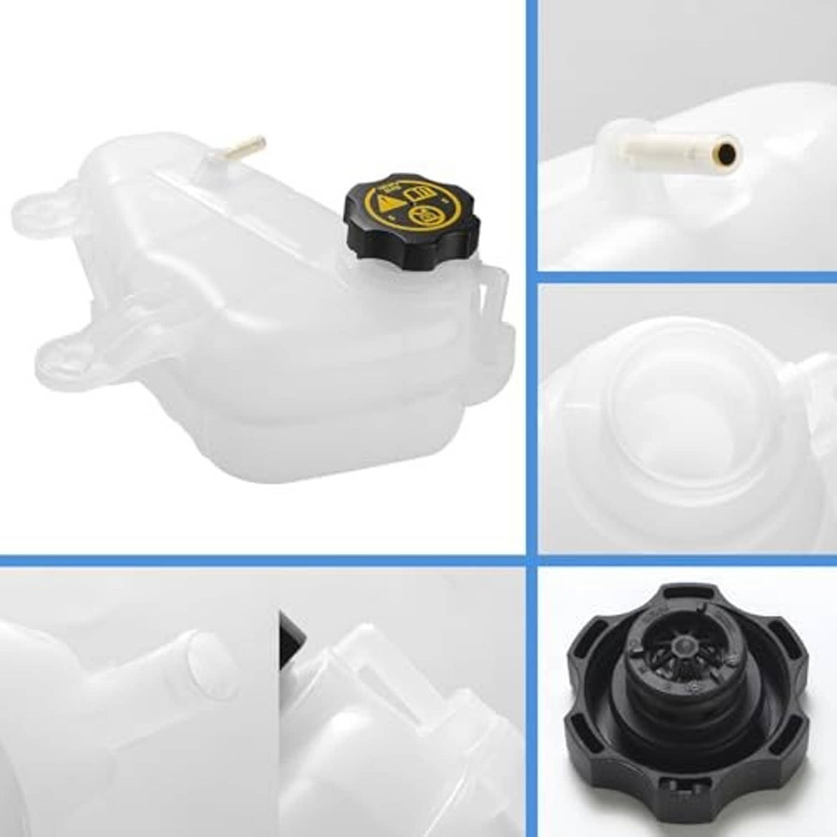 White coolant reservoir tank with cap shown in multiple close-up angles
