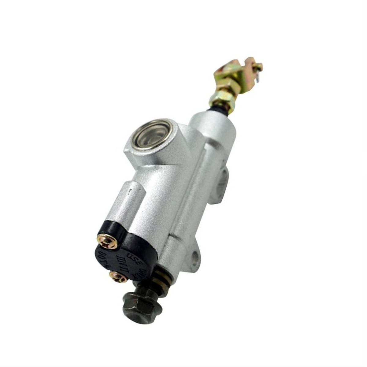Rear brake master cylinder pump with silver body and brake line fitting