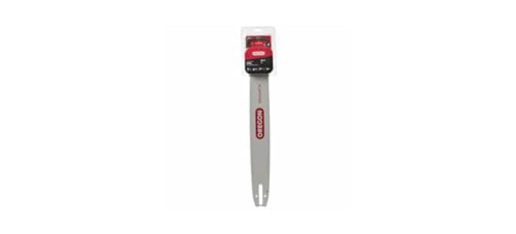 Oregon chainsaw bar and chain combo, gray bar with red top label and guide tip holes.