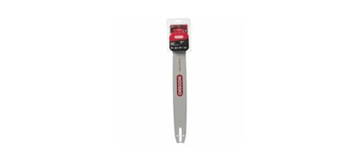 Oregon chainsaw bar and chain combo, gray bar with red top label and guide tip holes.