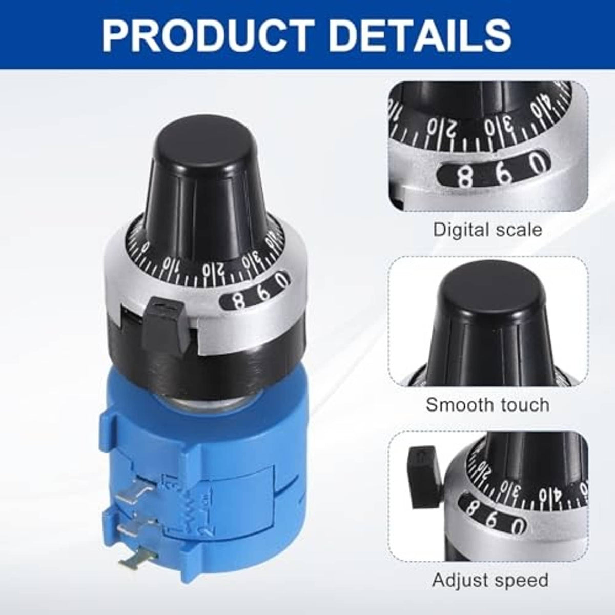 Rotary potentiometer with black knob and silver ring featuring an adjustment number scale