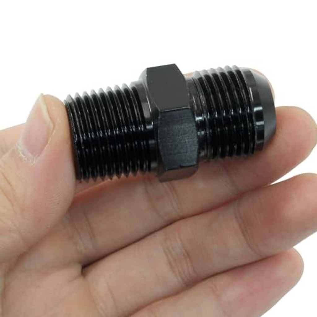 Black threaded flare adapter fitting with hex ends, shown being held