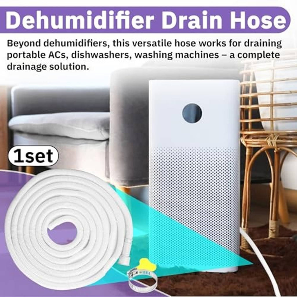 Rolled white dehumidifier drain hose with adapter end, shown on a compact coil