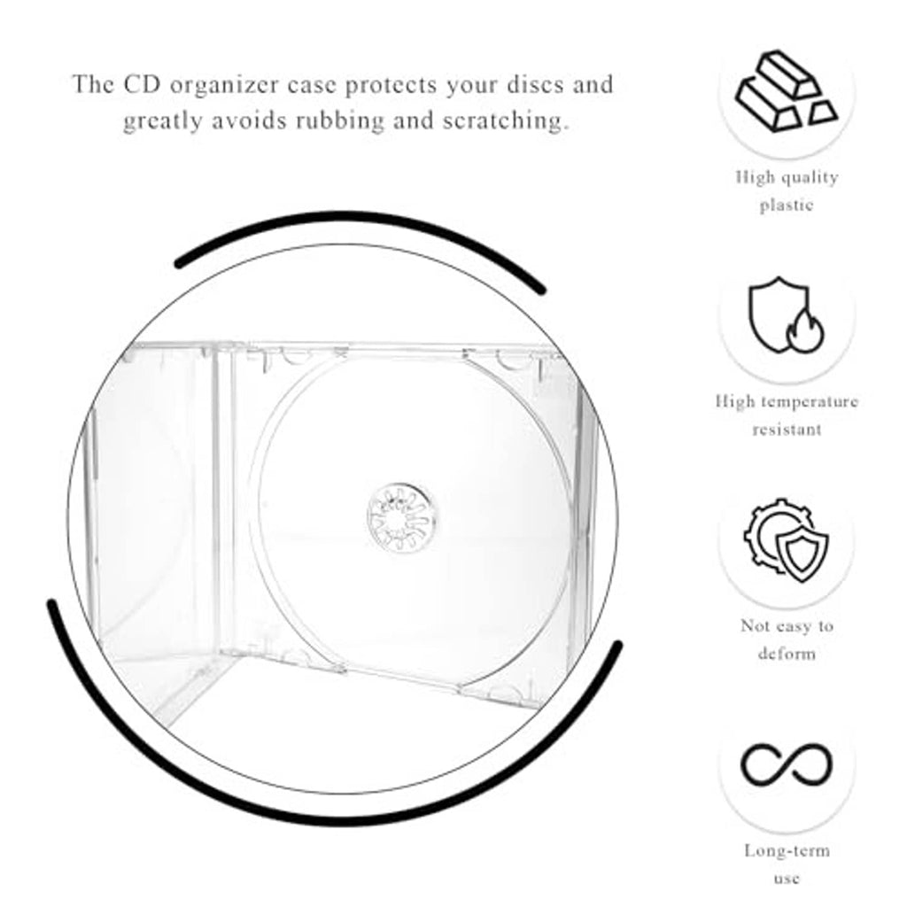 Transparent CD jewel case with disc tray, shown open to protect and prevent scratching.