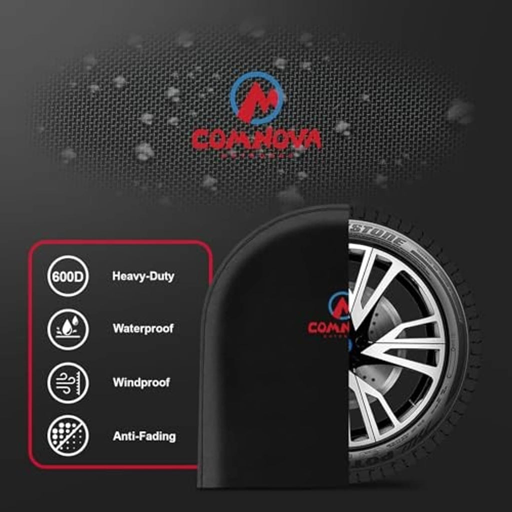 Black heavy-duty RV tire cover with textured fabric and COMNOVA logo; wheel cutout
