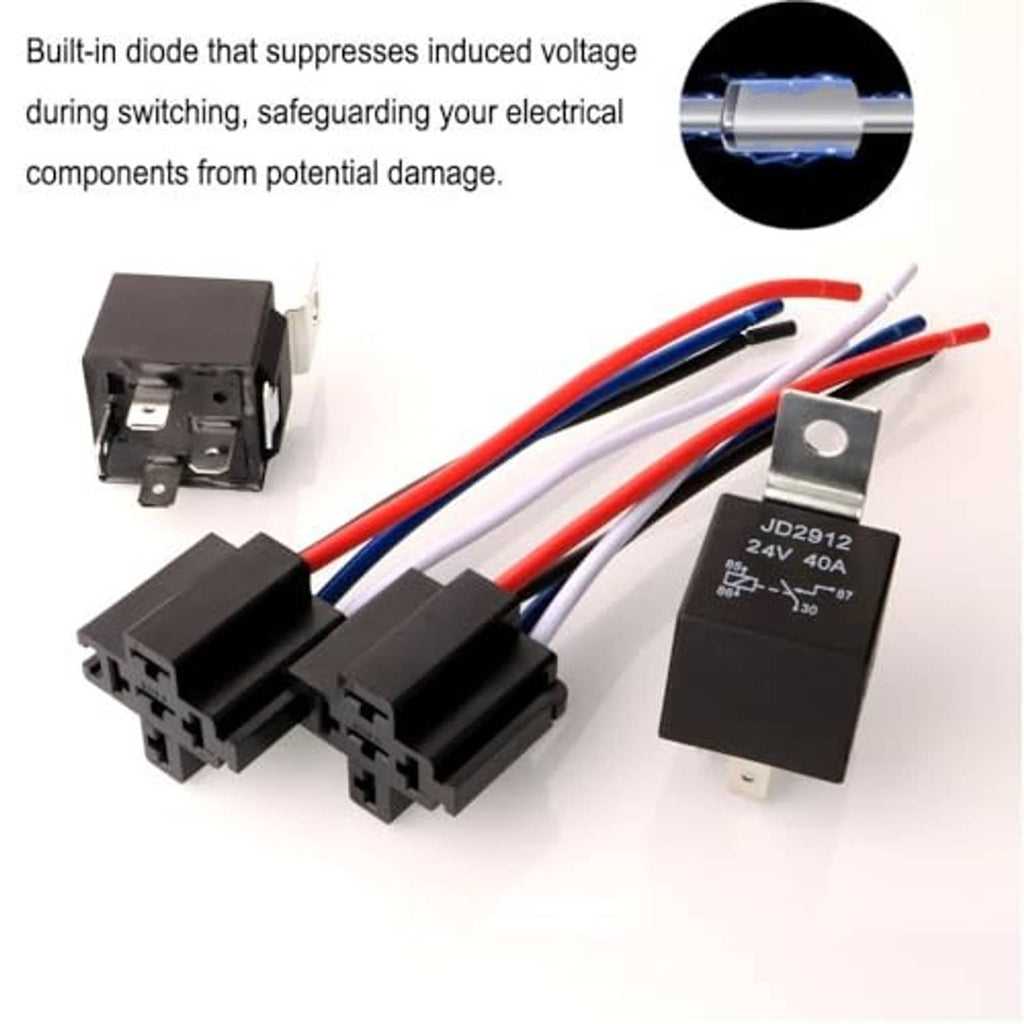 24V 4-pin relay harness set with black socket connectors and red/blue wire leads
