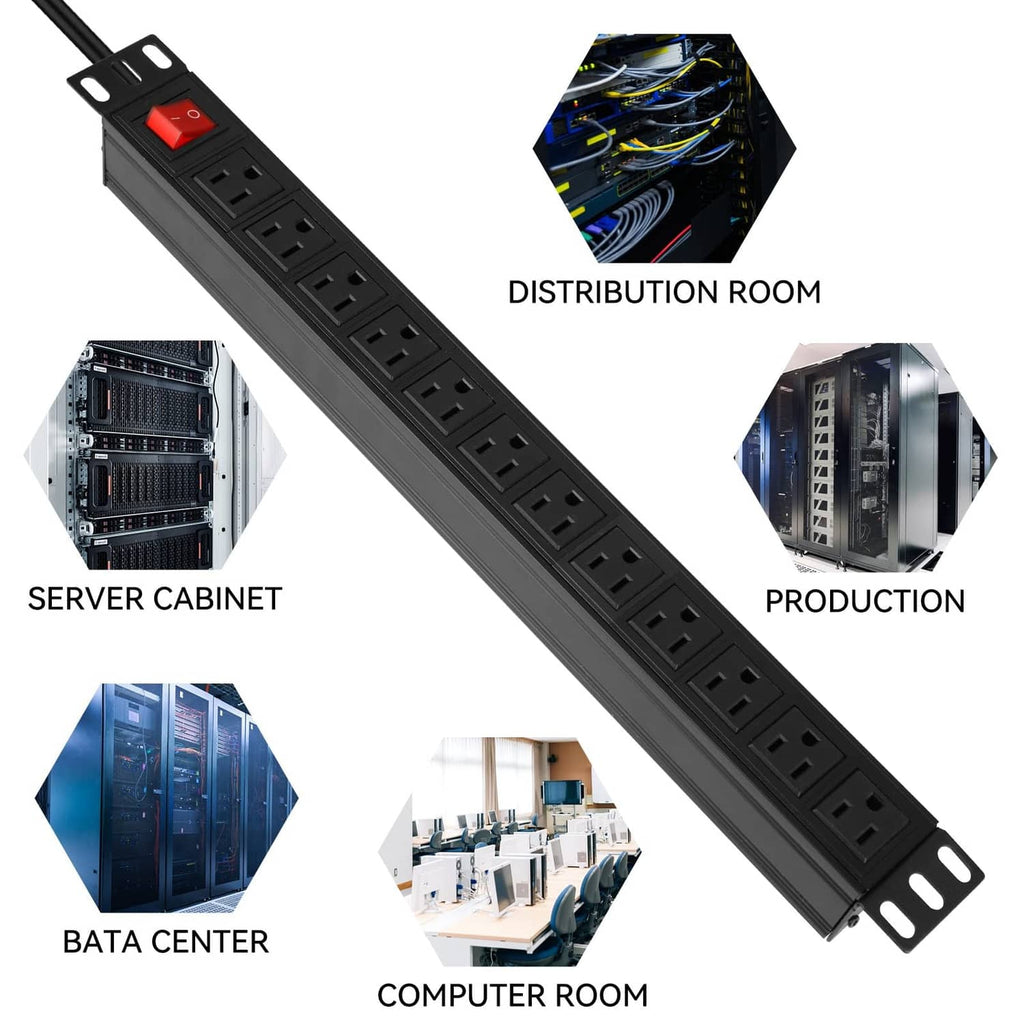 Black rack-mount 12-outlet PDU shown diagonally with vented outlet sections