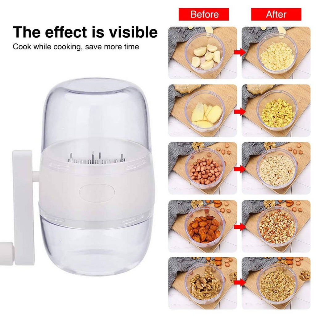 Portable nut chopper with clear cup and white side crank, ready to chop
