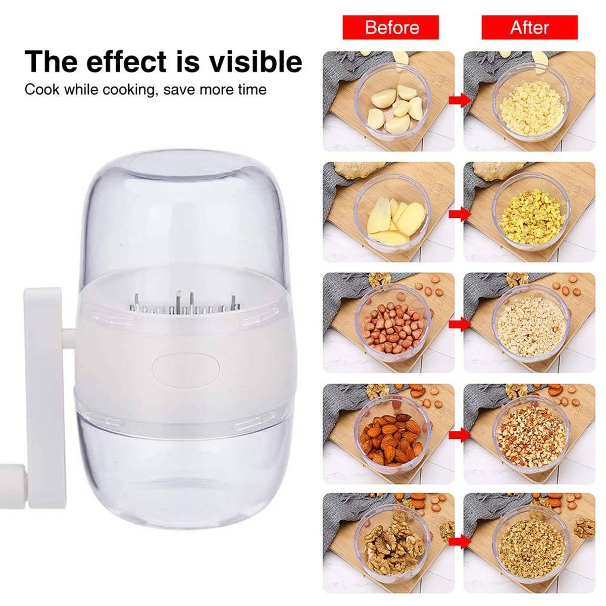 Portable nut chopper with clear cup and white side crank, ready to chop
