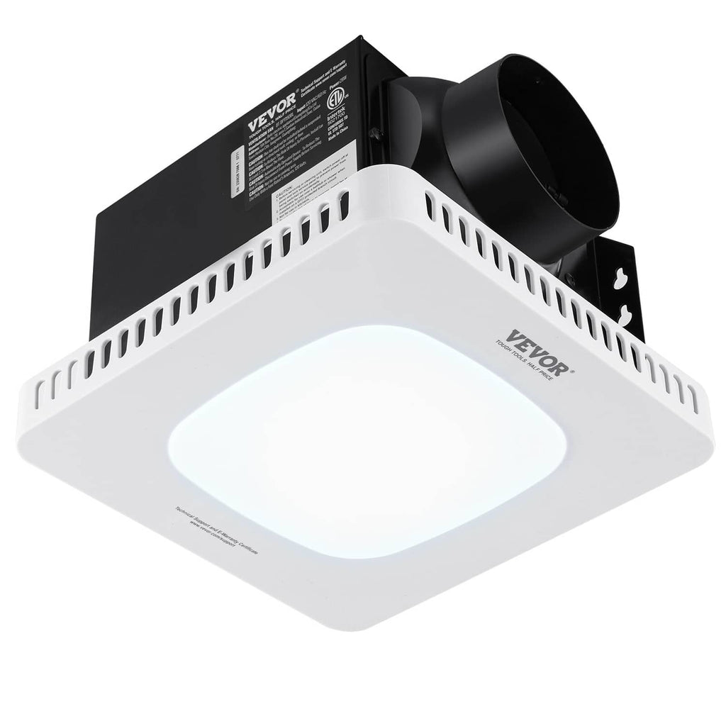 Bathroom exhaust fan with LED light, white square panel and black duct housing
