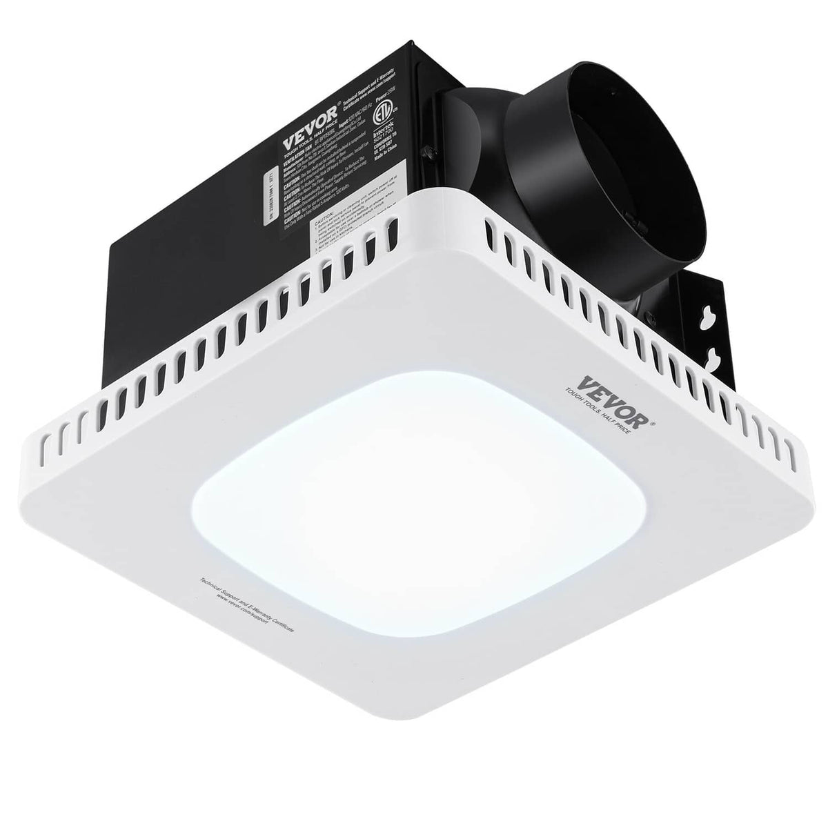 Bathroom exhaust fan with LED light, white square panel and black duct housing