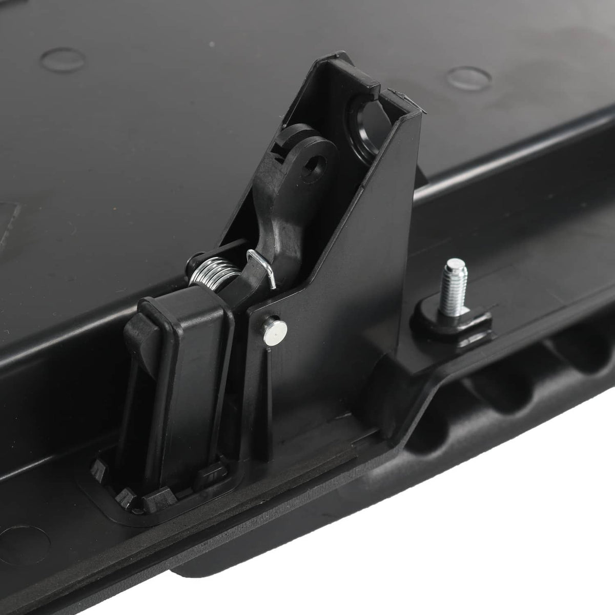 Rear tailgate license pocket mounting mechanism with springs and fasteners