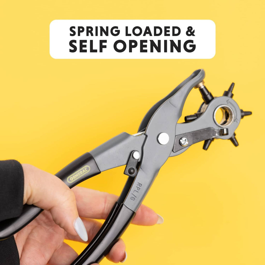 Gray and black spring-style leather hole punch pliers with pivoting punch head