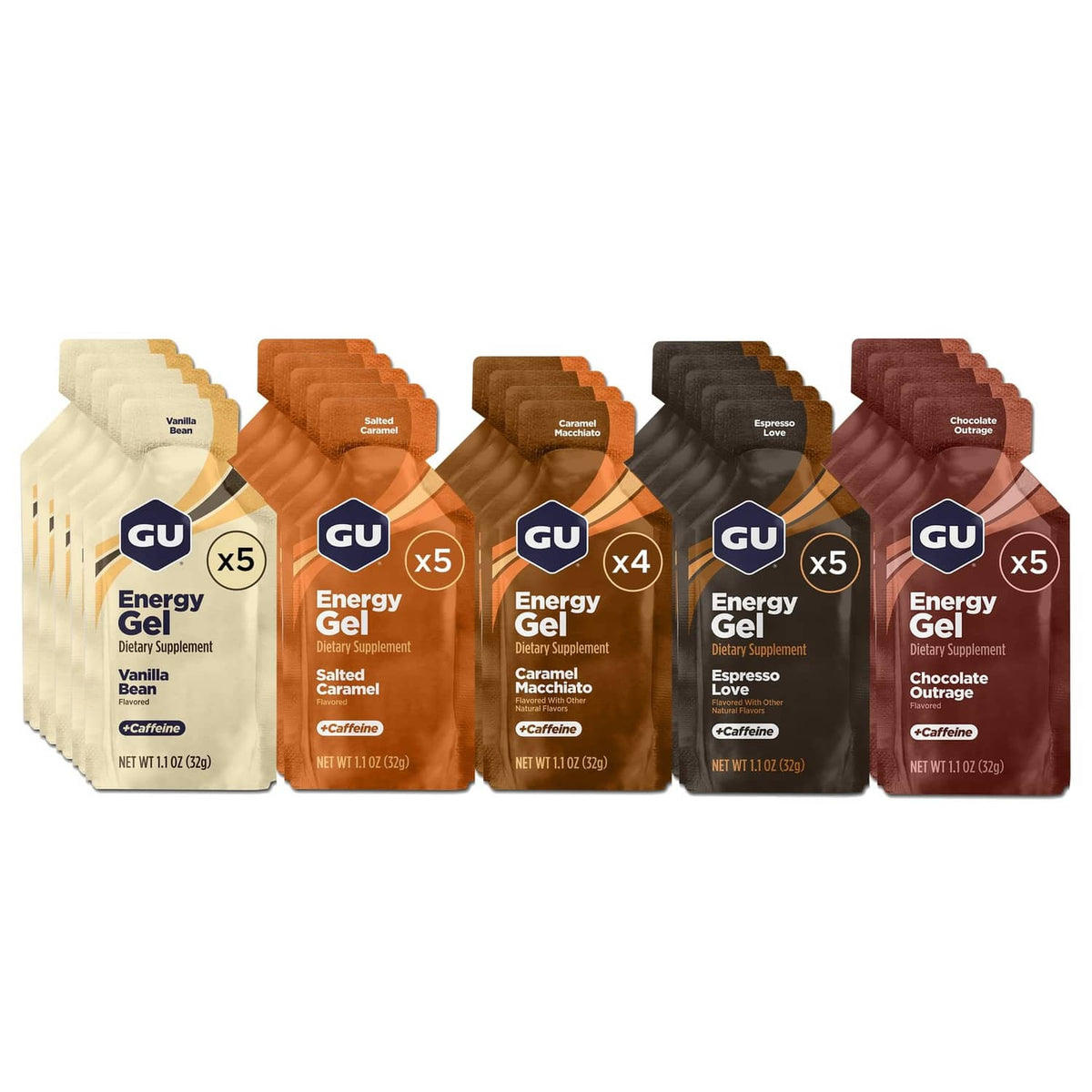 GU Energy gel sampler with multiple color-coded pouches, assorted flavors