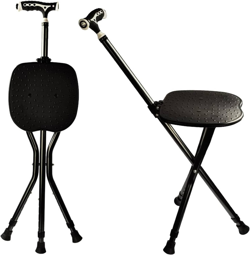 Folding walking cane with black padded seat and height-adjustable legs