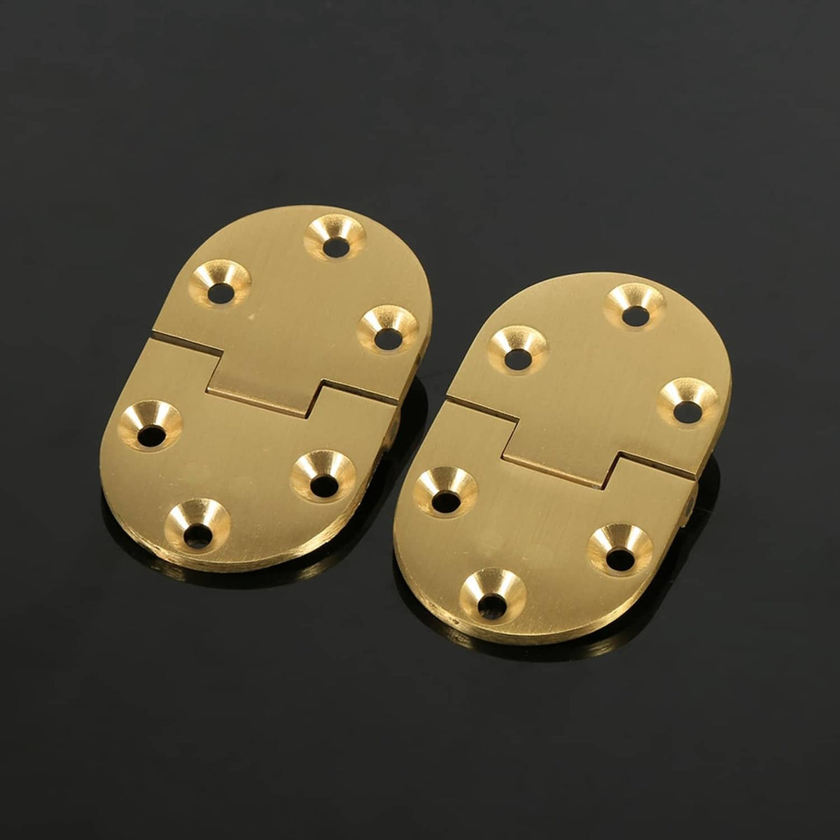 Two gold brass round hinges with screw holes, tray door hinge hardware