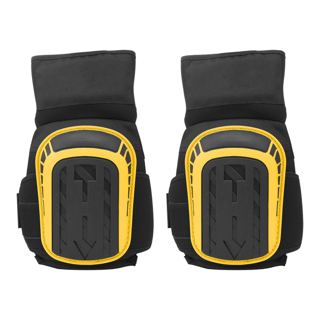 Side view of black-and-yellow knee pads with front protective shell and straps
