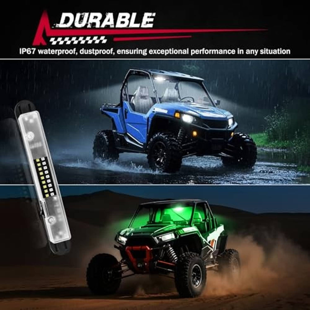 Sealed LED dome light bar emitting green light on an off-road vehicle