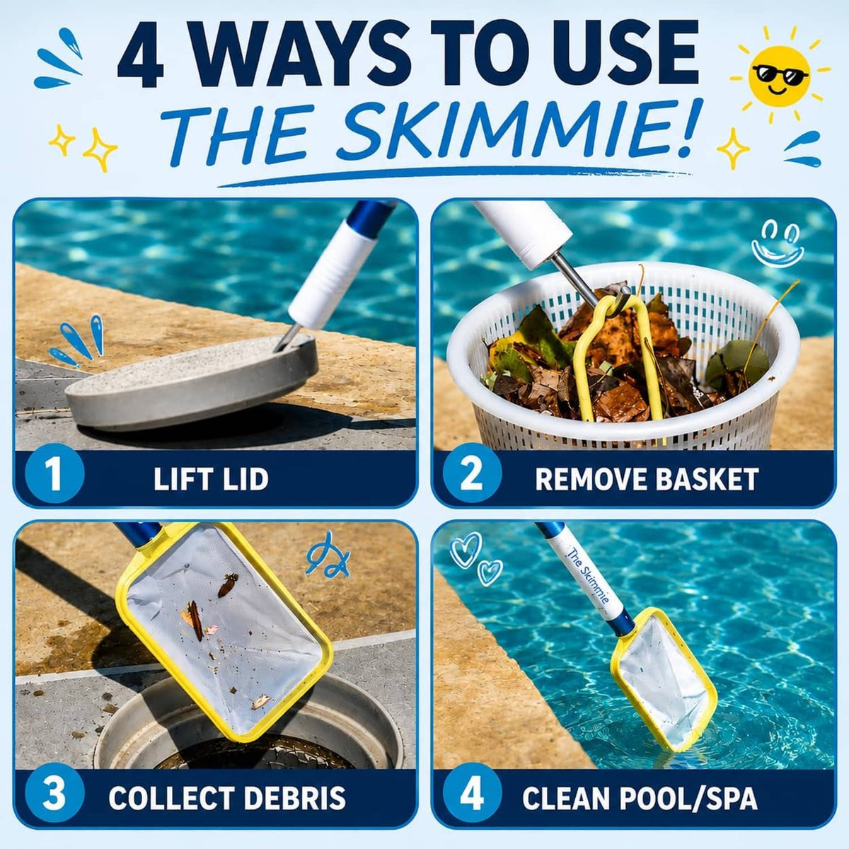 Pool skimmer with blue handle and yellow lid to lift and remove debris.