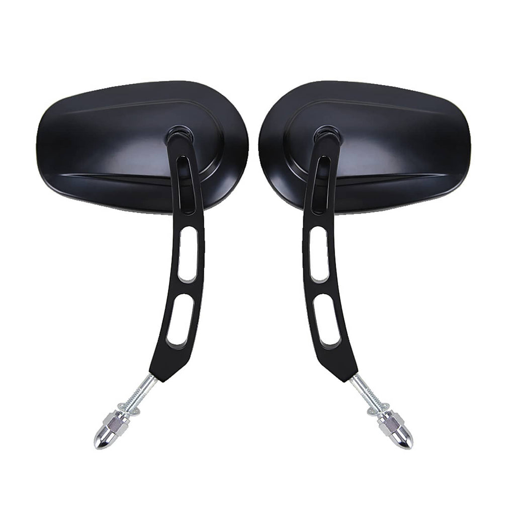 Pair of black rear-view mirrors with oval housings, slotted stems, bolt mounts