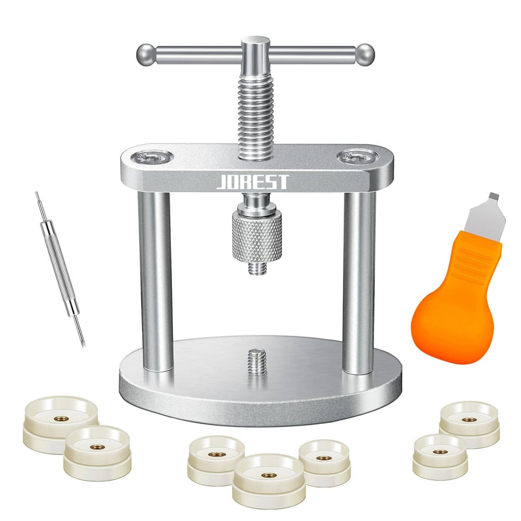 Watch press tool set with yellow pry opener and molded rings for back-case closure