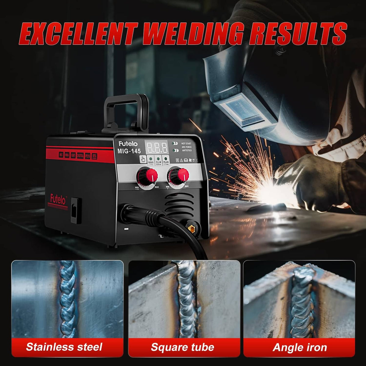 Futelo MIG welder producing welds on stainless steel, square tube, and angle iron