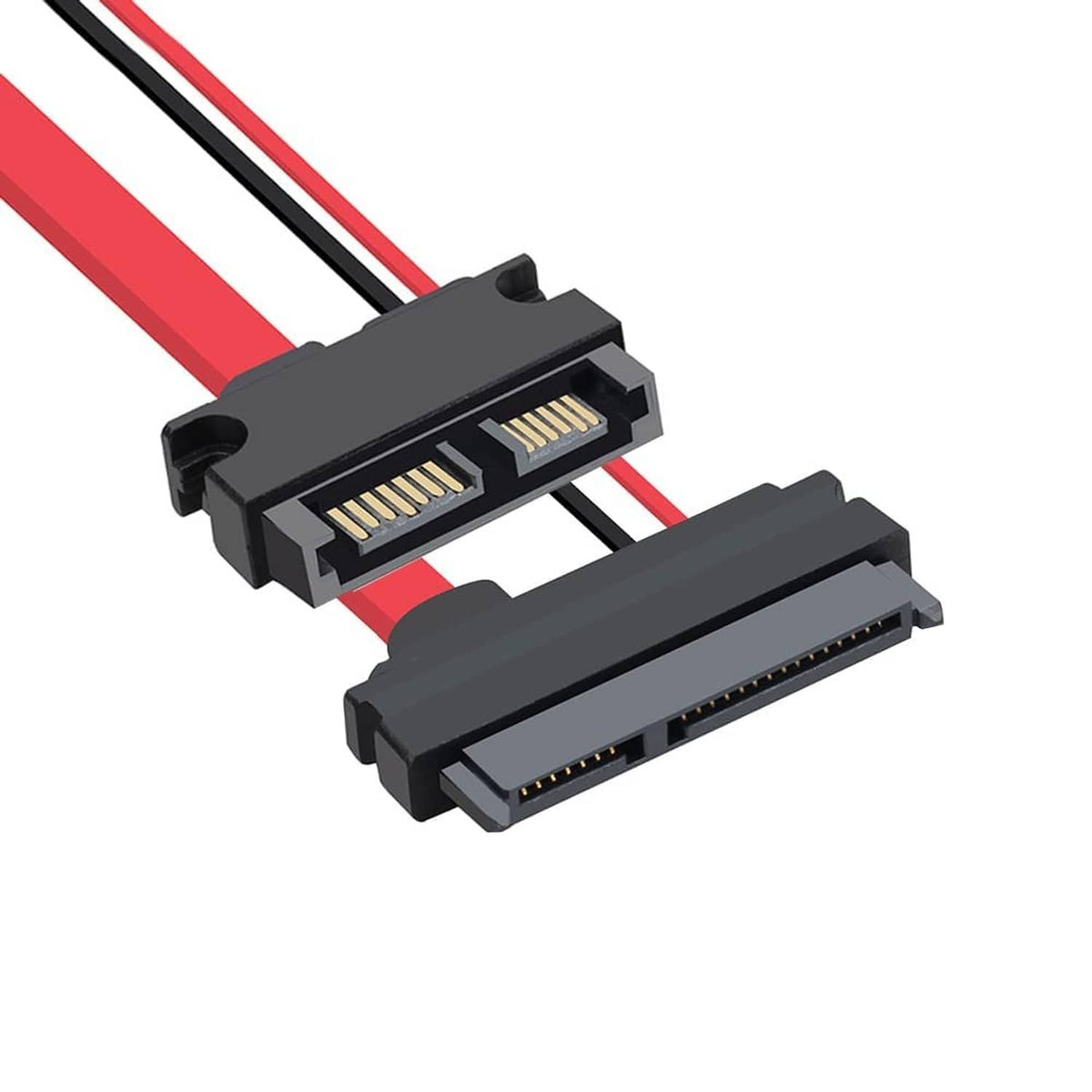Close-up of black SATA extension cable connectors with gold contacts and red-striped cables