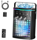 Black portable air cooler with front control panel and blue cooling window