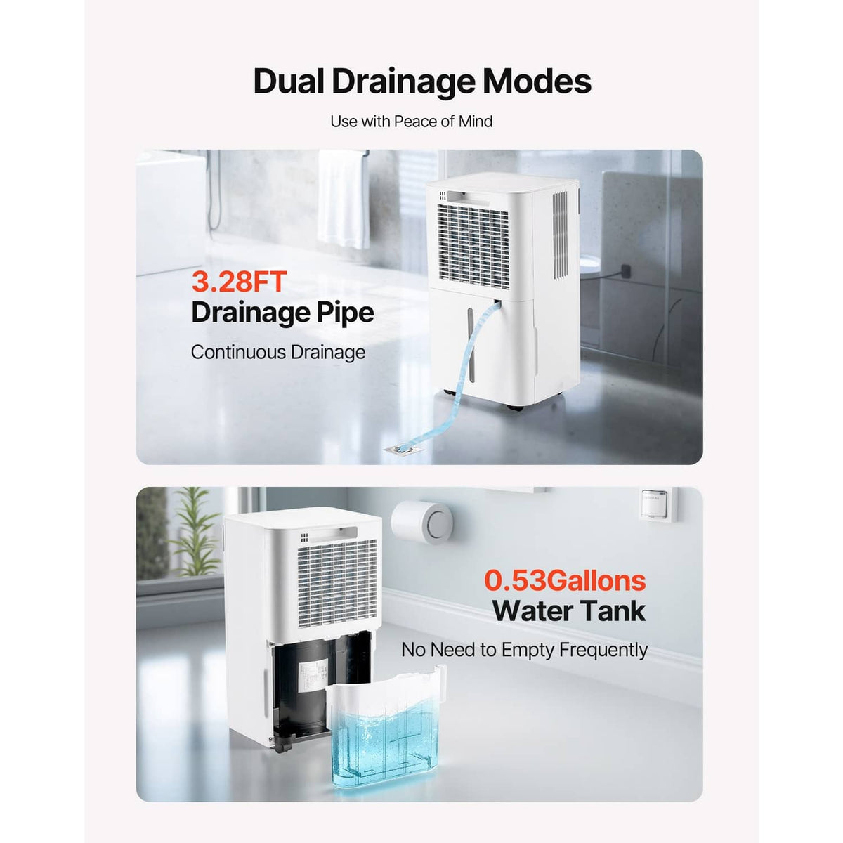 Uimoso dehumidifier with dual drainage modes: continuous pipe and water tank