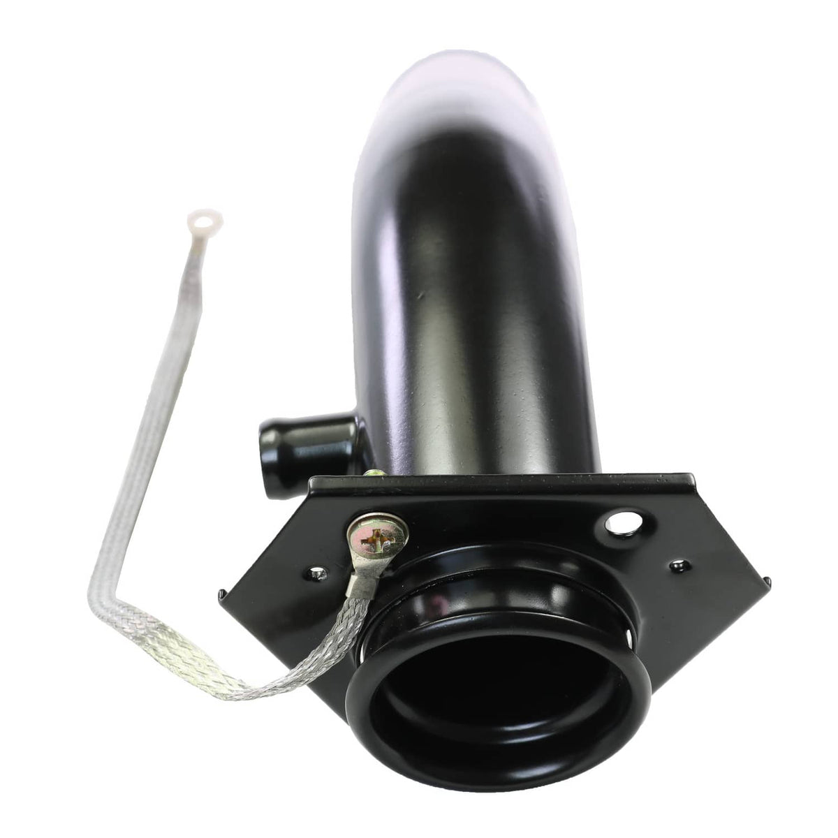Fuel tank filler neck assembly with black cap opening, mounting plate, and tether cord