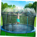 Black trampoline with multi-jet sprinkler spraying water across the jumping surface