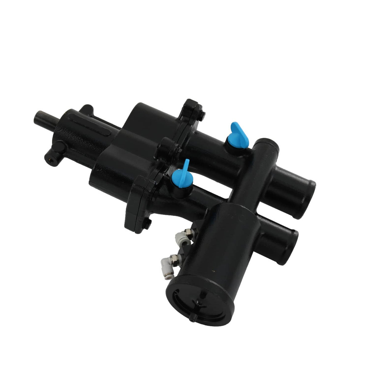 Black marine sea water pump assembly, side view with hose outlets and fittings