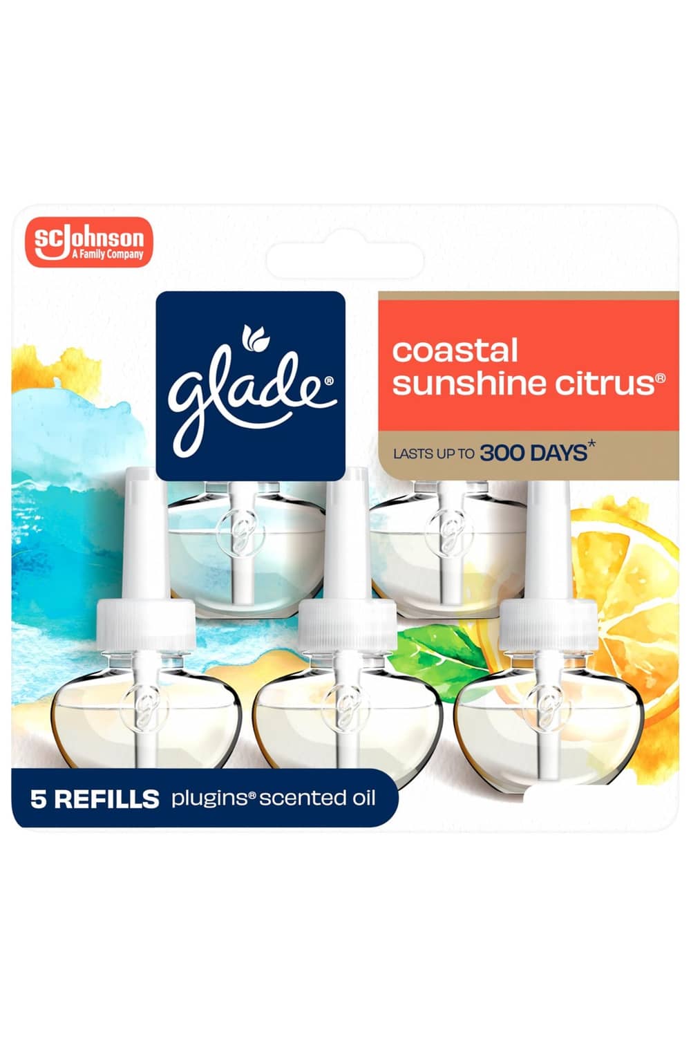 Glade PlugIns refill pack with coastal sunshine citrus scented oil, 5-count plugs