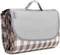Brown and white checkered extra-large picnic blanket with gray carrying flap handle