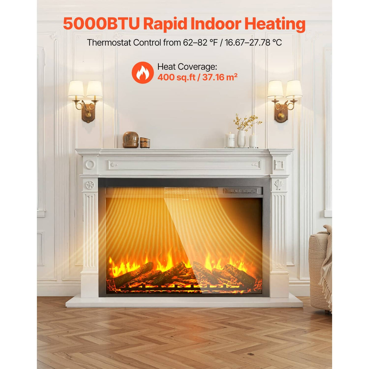 Electric fireplace insert set in a white surround, glowing logs and orange flames