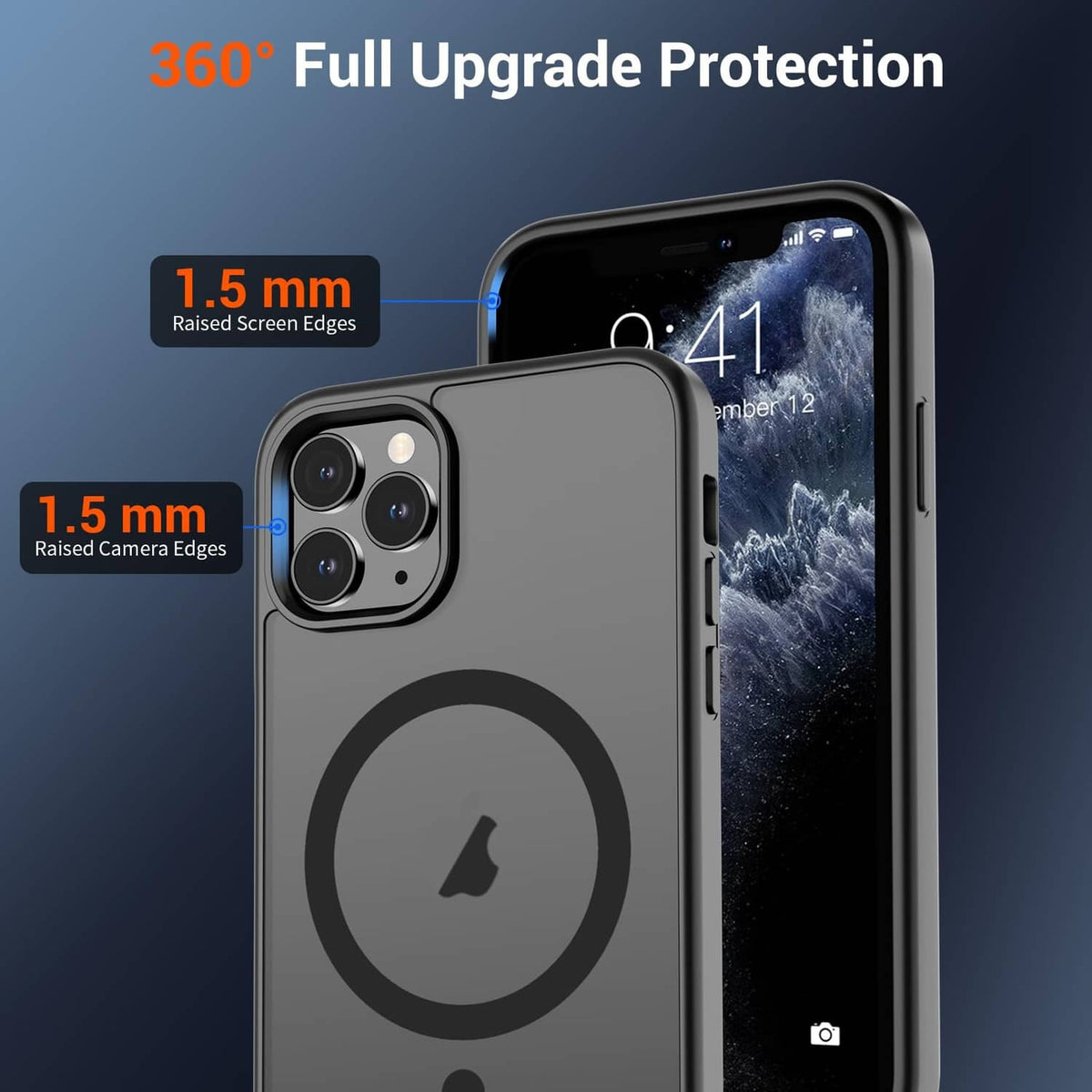 Black iPhone 11 Pro Max case with circular ring, raised camera and screen edges